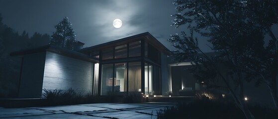 Single-family home with a kitchen captured in moonlit night, showing modern architecture, detailed textures, and clean surroundings.