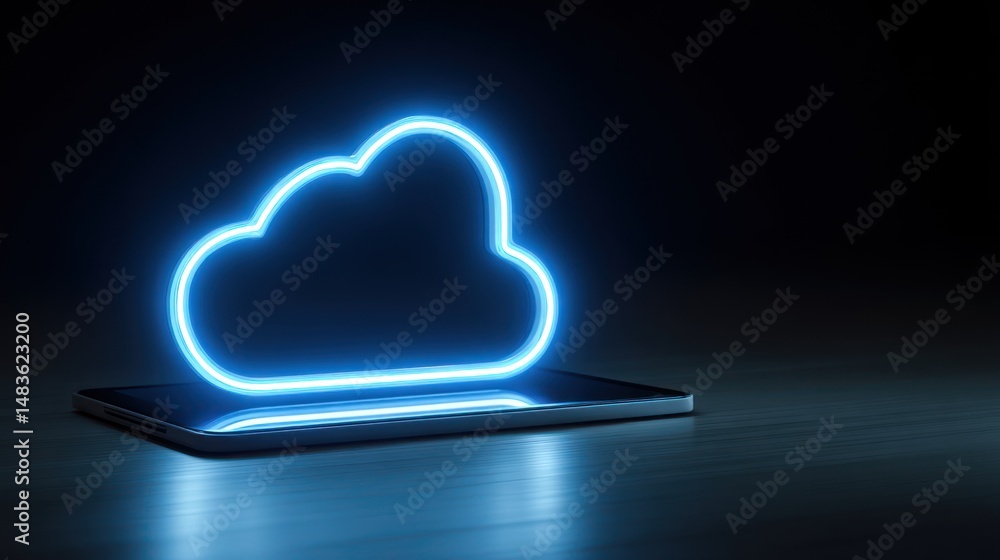 Poster cloud computing technology: neon cloud icon on tablet, digital data storage and access
