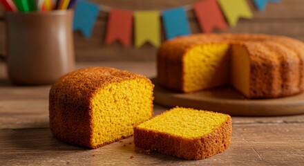 Close up of sliced cornbread with party decorations on a wooden surface