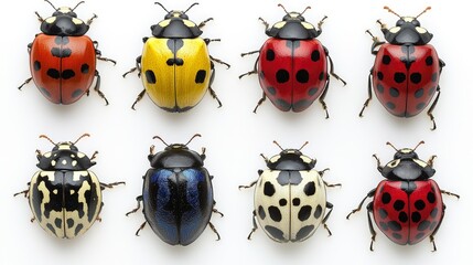 Fototapeta premium Six Colorful Ladybugs on White Background - Detailed Macro Photography of Diverse Ladybug Species
