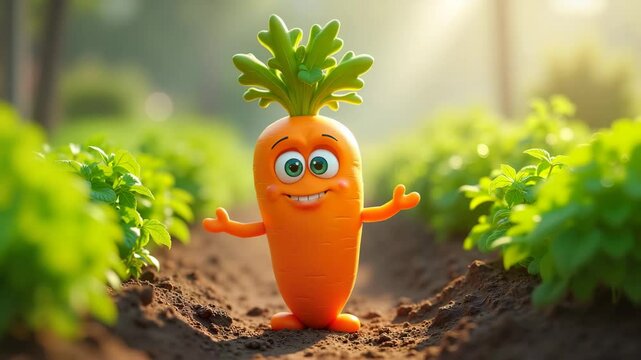 Friendly Cartoon Carrot Welcoming in a Garden Row, Cartoon about a hospitable carrot