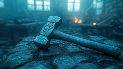 Aged blacksmith hammer rests on stone anvil