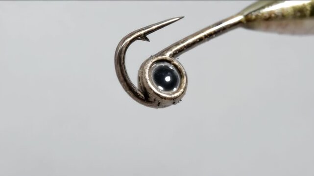 Fishing hook with eyelet lure detail close-up, sharp barbed point, metallic finish, fishing equipment for recreational activity, angling