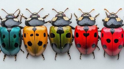 Fototapeta premium Five Vibrant Jewel Beetles in a Row - Close-up Macro Photography