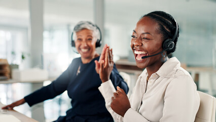 Business people, call centre and women in office, high five and customer support with kpi target....