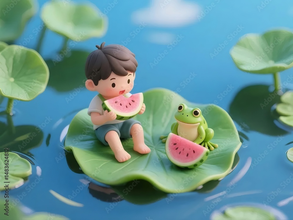 Aufkleber 水面に浮かぶ蓮の葉の上でスイカを食べる男の子とカエル 夏の日の楽しい瞬間
