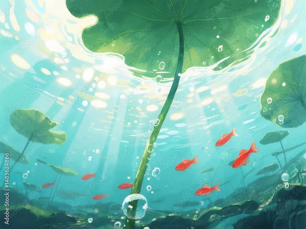 Aufkleber 透明な水中の蓮の葉の下を泳ぐ金魚の群れ 水面から差し込む光が照らす幻想的な池の風景 イラスト背景