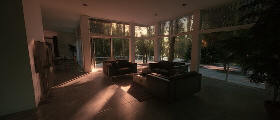 Single-family home with a living room captured in soft ambient lighting, showing modern architecture, detailed textures, and clean surroundings.