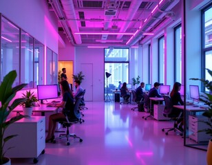 an office interior at night. the room is well lit with purple neon lights creating a modern ambiance