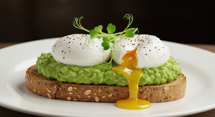 Toast with avocado and poached eggs on a white plate close up.