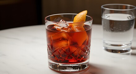 Negroni cocktail with Campari, gin and vermouth on a restaurant table