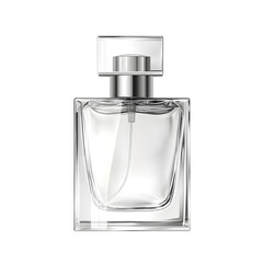 Clear perfume bottle with silver cap, isolated on transparent background, realistic glass reflections, perfect for online stores