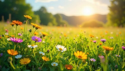 Sun-drenched meadow, wildflowers bloom vibrantly , beauty, vibrant