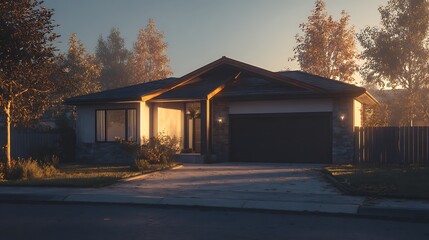 Single-family home with a living room captured in golden hour glow, showing modern architecture, detailed textures, and clean surroundings.