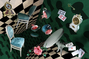 The wonderland room. Flying furniture, playing cards, cups, watches, keys and more on the background of green walls and a chess floor. Mad Tea party. Colorful background for photo shoots and parties