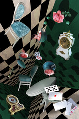 The wonderland room. Flying furniture, playing cards, cups, watches, keys and more on the background of green walls and a chess floor. Mad Tea party. Colorful background for photo shoots and parties