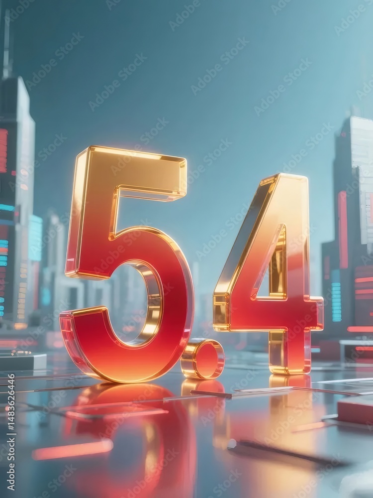 Aufkleber 黄金と赤の未来的な数字54の都市景観の背景に光沢のある表面と抽象的な構造の装飾