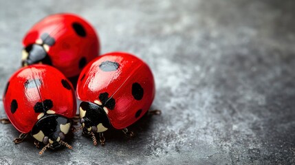 Fototapeta premium Three Ladybugs on a Grey Surface