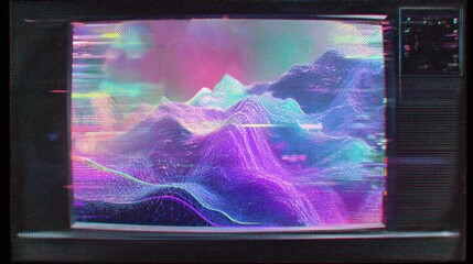Retro Glitchscape: A Digital Mountain Range on Vintage TV Screen