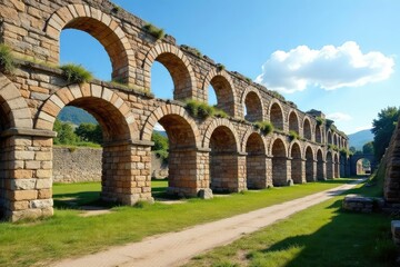 Fototapeta premium Ancient Roman aqueduct ruins, weathered stone, historical architecture, sunny day , design, engineering