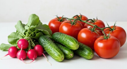 Fresh vegetables including tomatoes cucumbers and radishes arranged on a white surface.