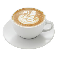 Latte Art Swan Coffee Cup on Saucer Isolated on Transparent Background