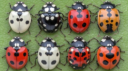 Obraz premium Eight Ladybugs of Varying Color and Pattern on Green Leaf Background