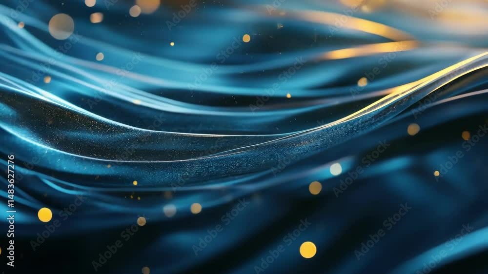 Poster abstract waves in blue color and golden bokeh effect for background or banner concept design