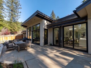 Single-family home with a patio captured in natural daylight, showing modern architecture, detailed textures, and clean surroundings.