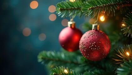 Sparkling Christmas tree ornaments hanging on a decorated branch , decoration, winter theme, red