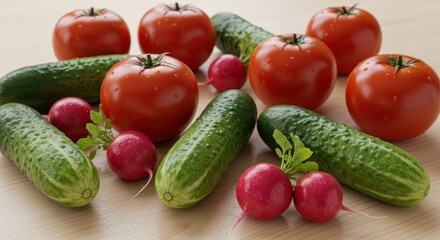 Tomatoes cucumbers and radishes on a light surface healthy food still life.