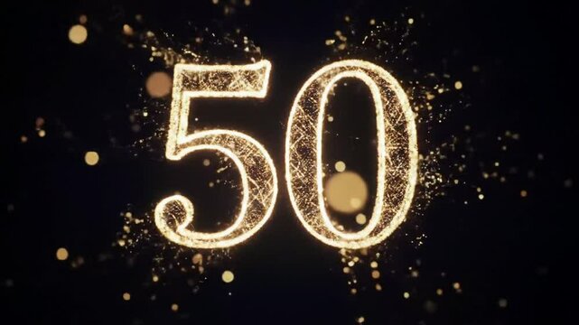 Glowing golden number fifty with sparkling particles on a dark black background animation loop