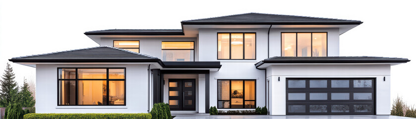 Modern Two-Story House: A stunning contemporary home, featuring clean lines, large windows, and a sleek, two-car garage. The house boasts a sophisticated design and a welcoming ambiance.