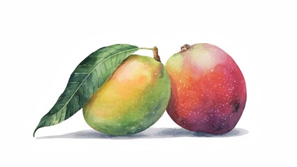 Artistic Watercolor Painting of Two Ripe Mangoes with Large Green Leaf in Contrasting Yellow-Green and Red-Purple Hues Against Clean White Background with Soft Shadows