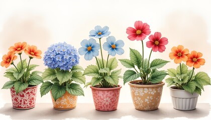 Charming Row of Five Potted Flowering Plants featuring Cosmos and Hydrangea in Orange, Blue and Pink Hues with Decorative Containers Against White Background