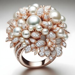 "Elegance in Bloom: Pearl and Diamond Floral Ring"