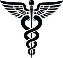 Caduceus Medical Symbol – Black and White Vector Illustration of Winged Staff with Snakes

