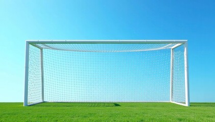 Fototapeta premium Empty soccer goal net against a bright blue sky, ready for the next match , tournament, sports competition