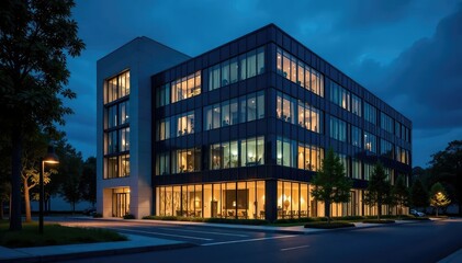 Obraz premium Modern office building at night, illuminated windows glowing brightly , glass, urban landscape, cityscape at night