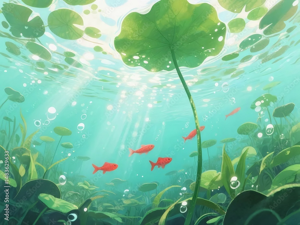 Aufkleber 明るい水中シーン 蓮の葉の下を泳ぐ赤い魚 水面からの光の反射と泡が輝く平和な水生環境のイラスト