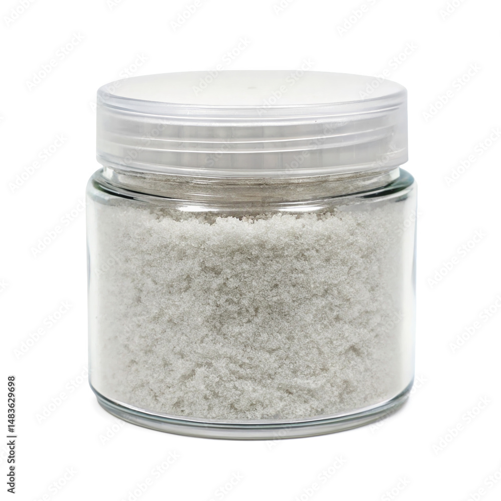 Poster small glass jar containing white flocking powder, creating a textured and versatile backdrop against