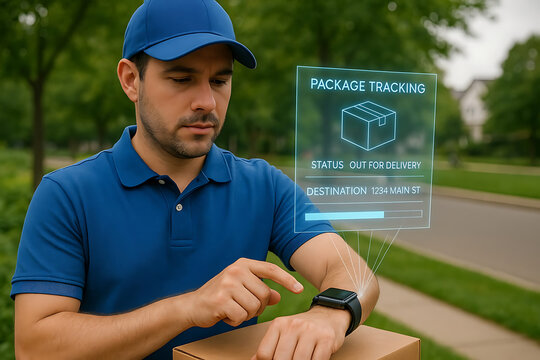 Delivery Driver Using Smartwatch for Package Tracking, c - Powered by Adobe