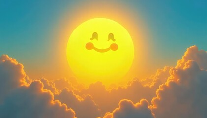 Smiling yellow sun rising over a bright blue Monday morning sky , good vibes, clouds