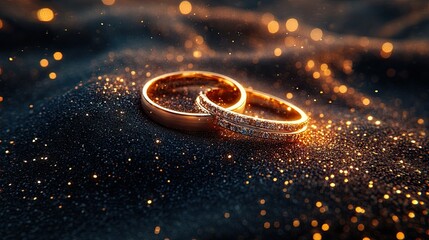 Two gold rings resting on a dark fabric with glittering dust.