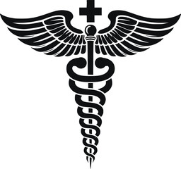 Caduceus Medical Symbol – Black and White Vector Illustration of Winged Staff with Snakes

