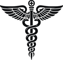 Caduceus Medical Symbol – Black and White Vector Illustration of Winged Staff with Snakes

