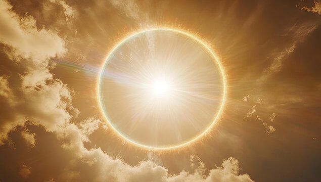 Radiant ringed sunburst through clouds
