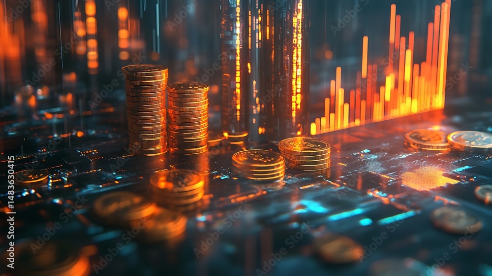 Poster financial graph displayed with coins in warm and inviting color palette picture
