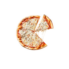 Delicious Cheese Pizza Slice Removed: Isolated Overhead Shot of a Classic Margherita Pizza with One Slice Taken, PNG Transparent Background, Perfect for Restaurant Menus, Food Blogs, and Culinary