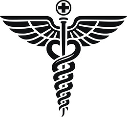 Caduceus Medical Symbol – Black and White Vector Illustration of Winged Staff with Snakes

